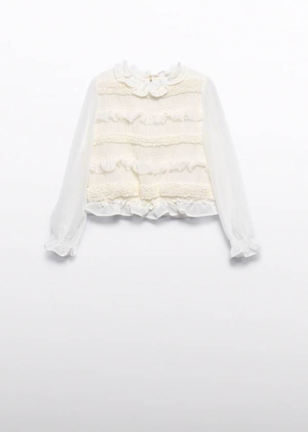 girls long sleeve chiffon top with ruffle trim cream