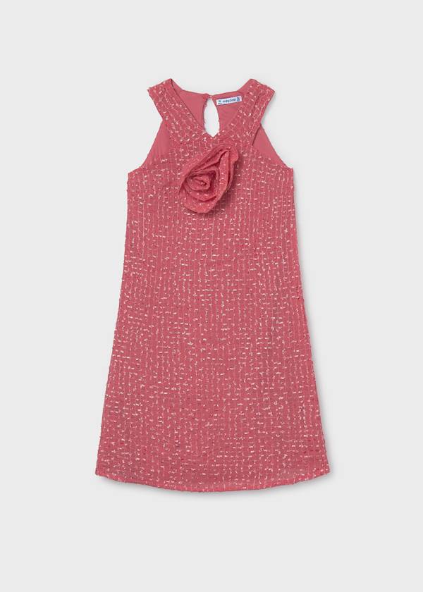 Flower Applique A-Line Dress in Coral