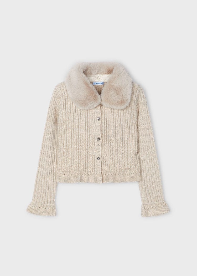Mayoral Usa Inc Mayoral Knit Cardigan with Faux Fur Collar in Beige Marzipan - Little Miss Muffin Children & Home