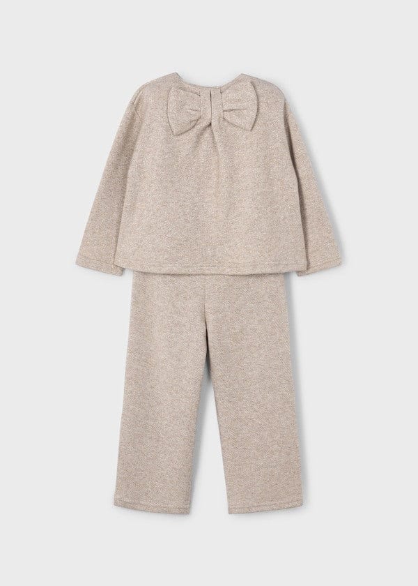 tan two piece pants set with bow