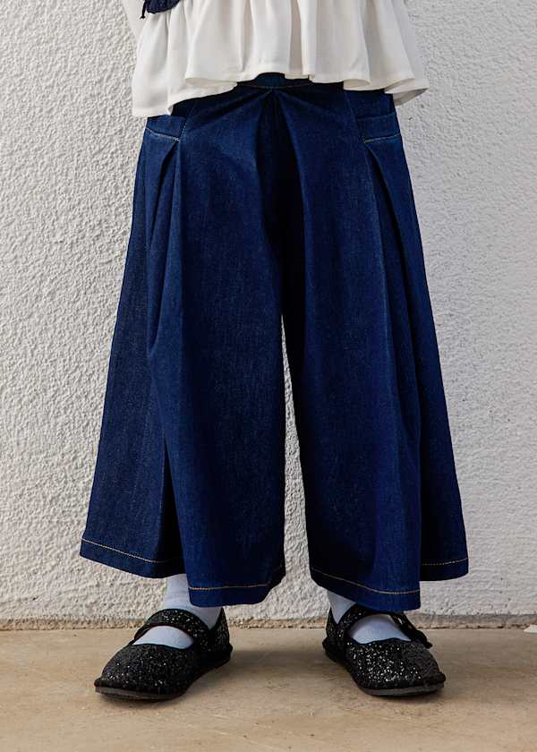 Pleated Denim Split Skirt