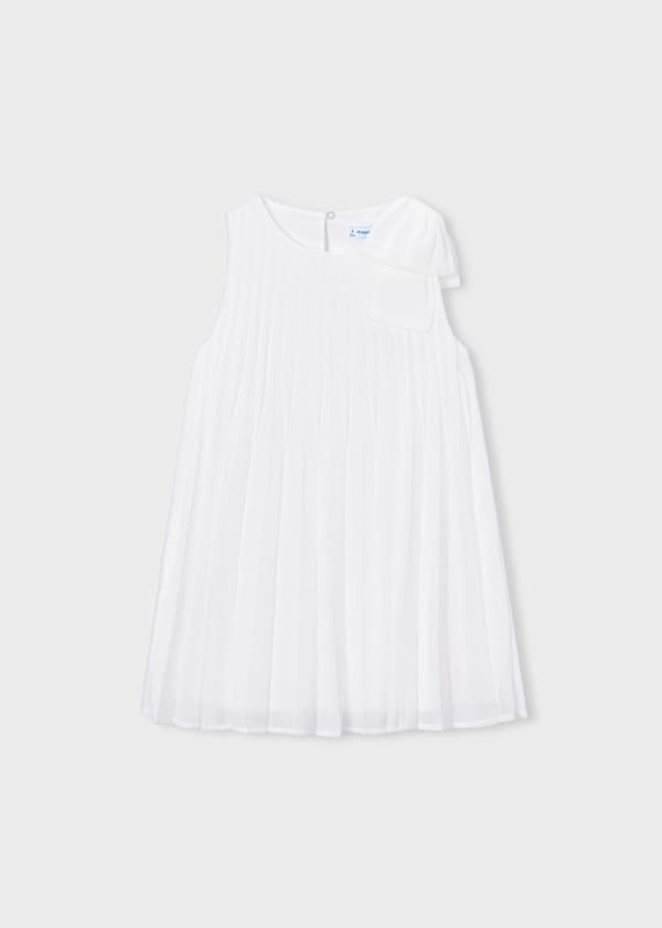 Accordion Pleat Sleeveless Dress with Bow in Natural