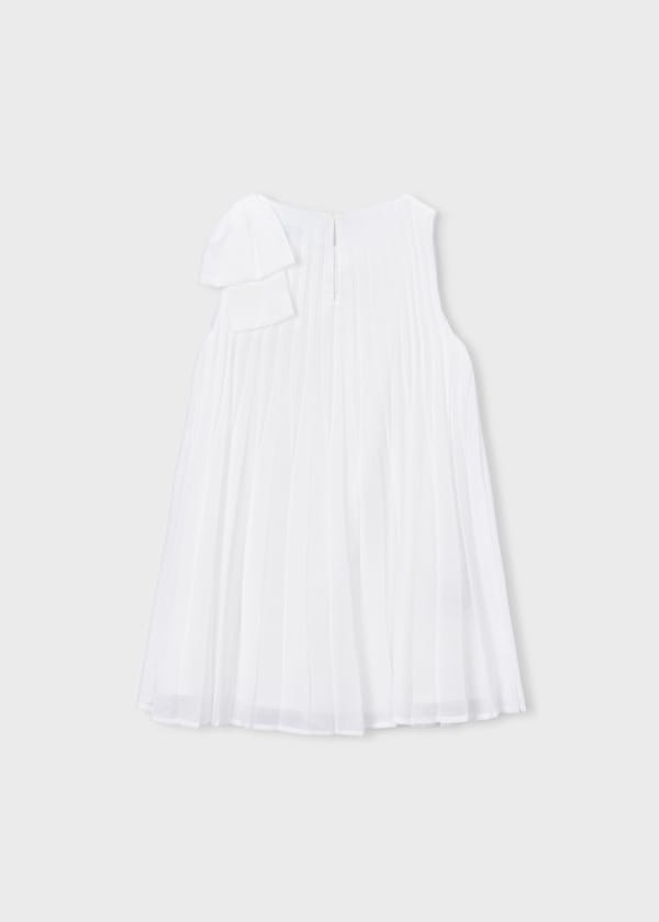 Accordion Pleat Sleeveless Dress with Bow in Natural