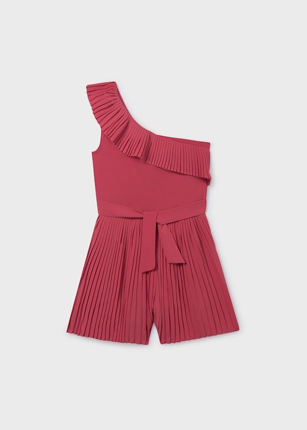 Accordion Pleat One Shoulder Romper in Coral