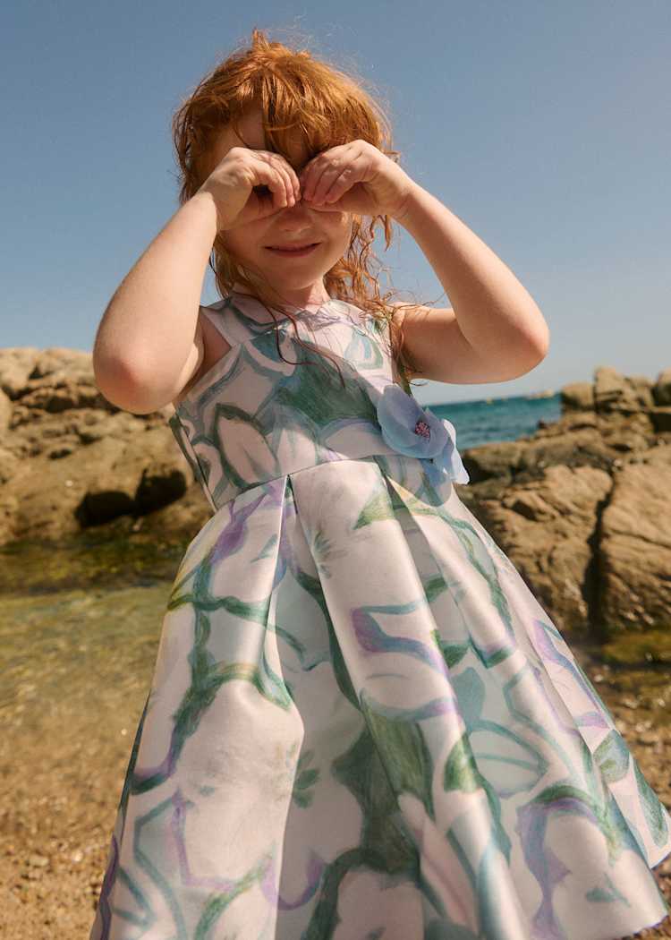 Floral Printed Mikado Dress with Flower Applique
