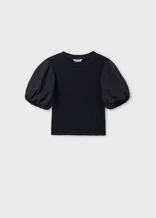 Puff Sleeve Ribbed T-Shirt in Black