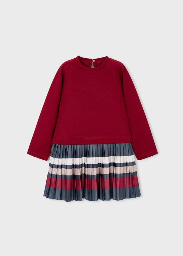 girls red dress with striped pleated skirt