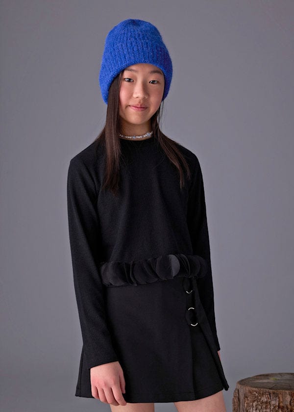 Long Sleeve Top with Petal Trim in Black