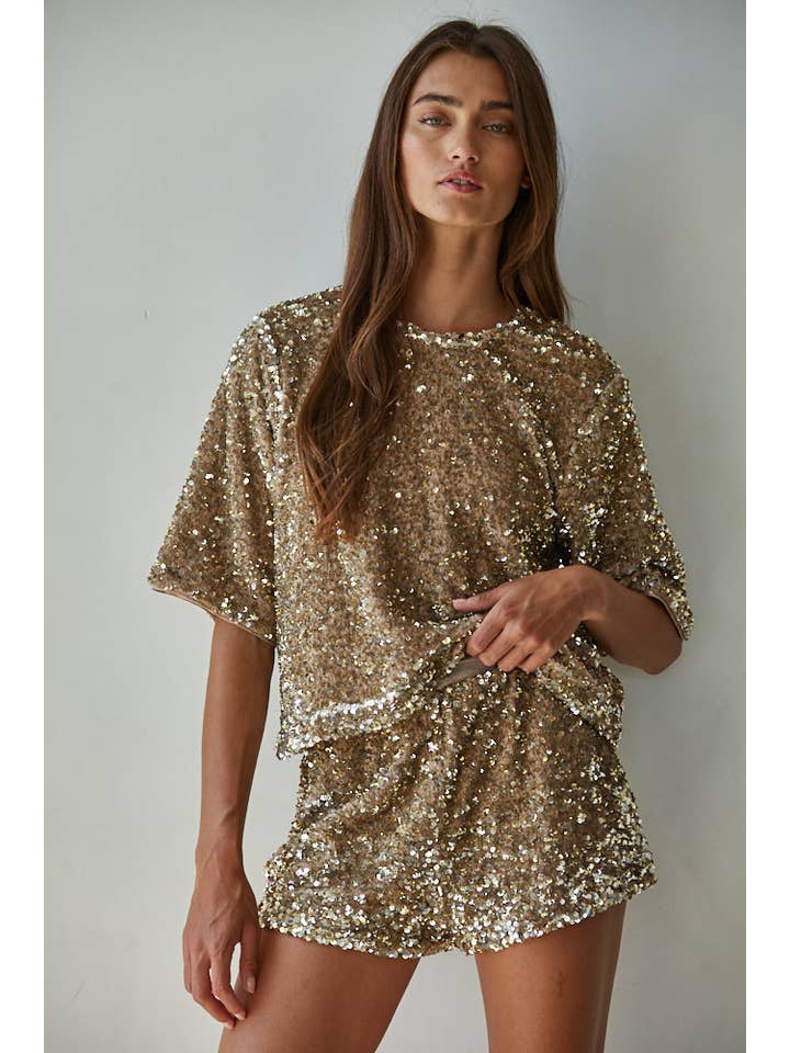 slim fit dress slacks Woven Sequin Boxy Top
