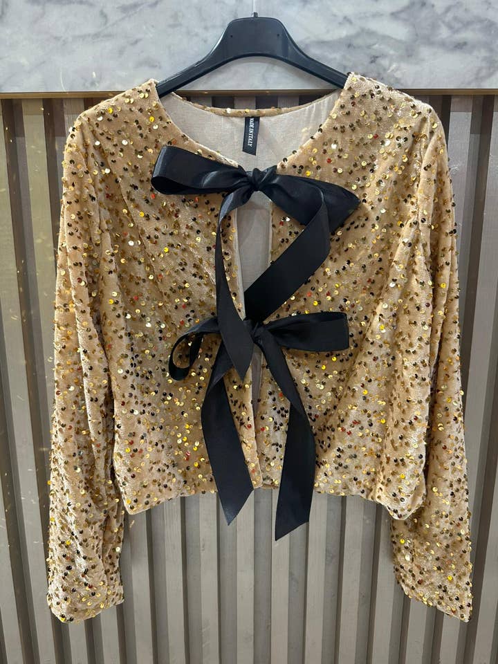 gold sequin cardigan with bows