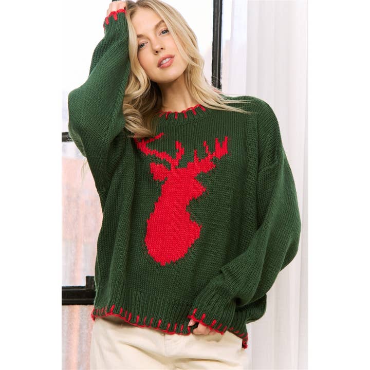 Holiday Deer Jaquard Relaxed Fit Pullover Sweater