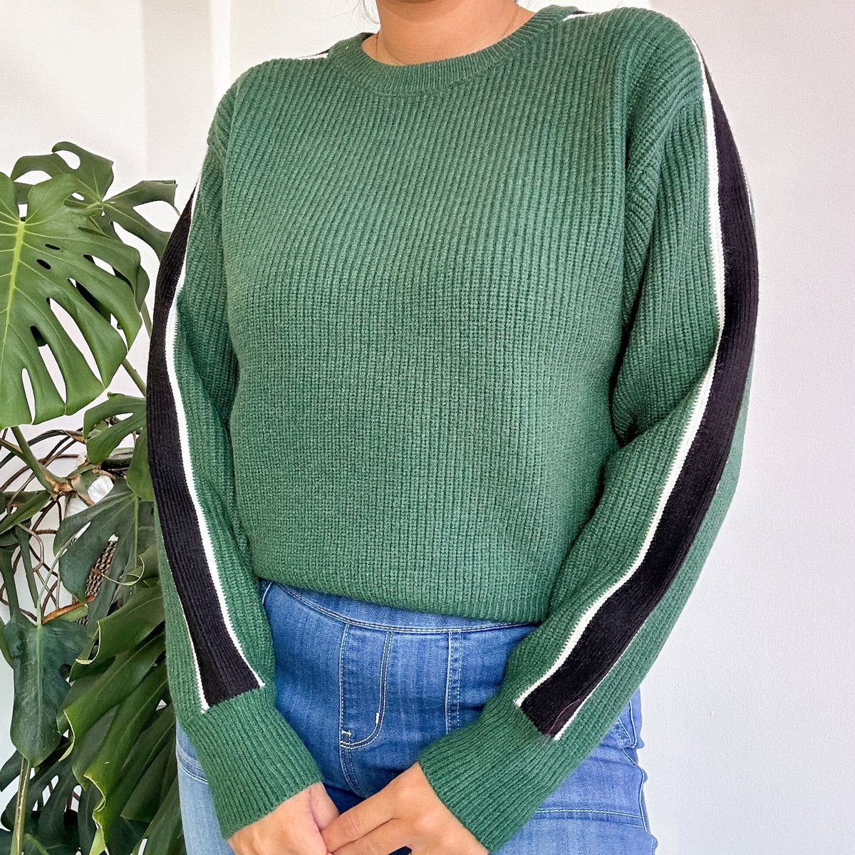 green knit sweater