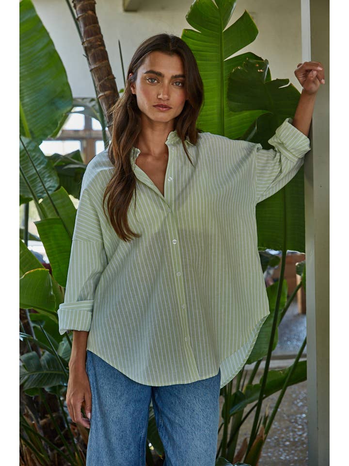 womens striped green button down