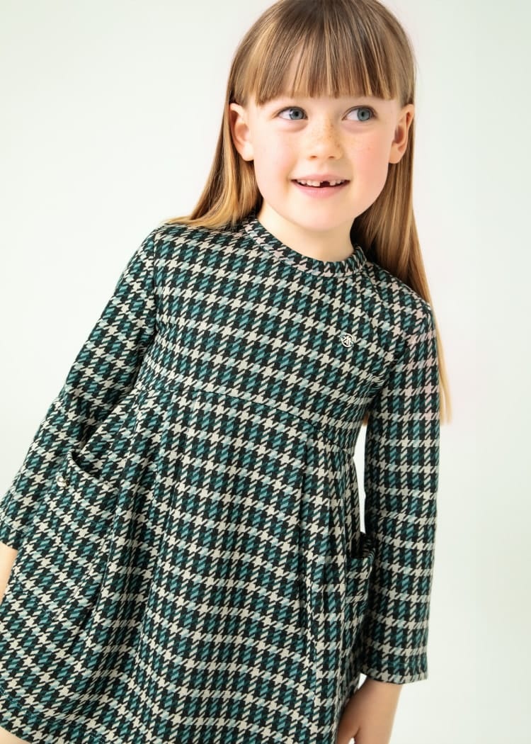 Mayoral Houndstooth Dress in Bottle Green for Girls