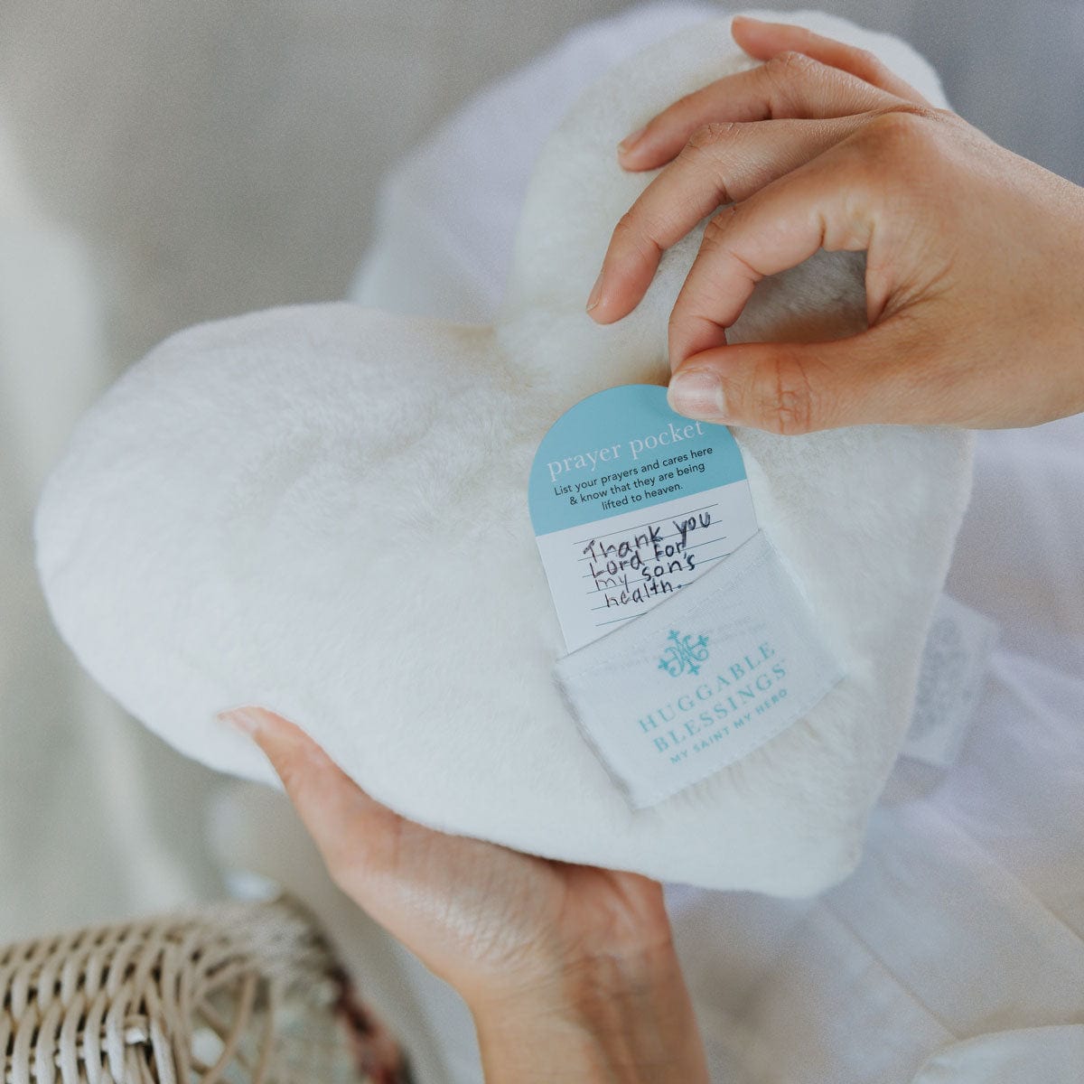 My Saint My Hero Huggable Prayer Pillow, White Heart - Little Miss Muffin Children & Home