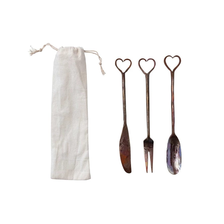 Creative Co-Op Hand-Forged Copper Heart Handle Appetizer Cutlery