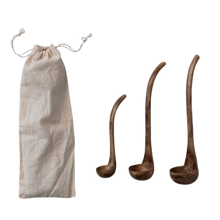 Creative Co-Op Mango Wood Ladles, Set of 3 in Printed Drawstring Bag