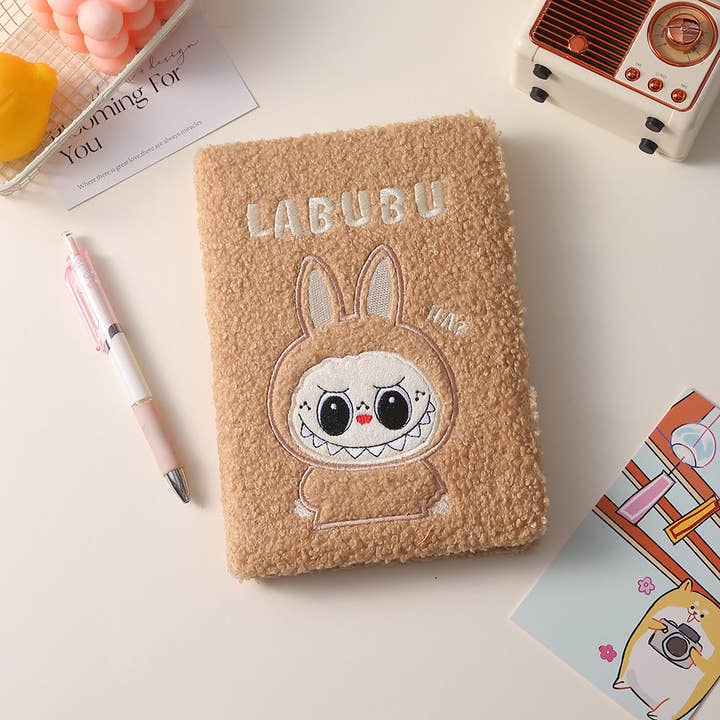 Embroidered Labubu Cartoon Teddy Coffee Fleece Plush Notebook