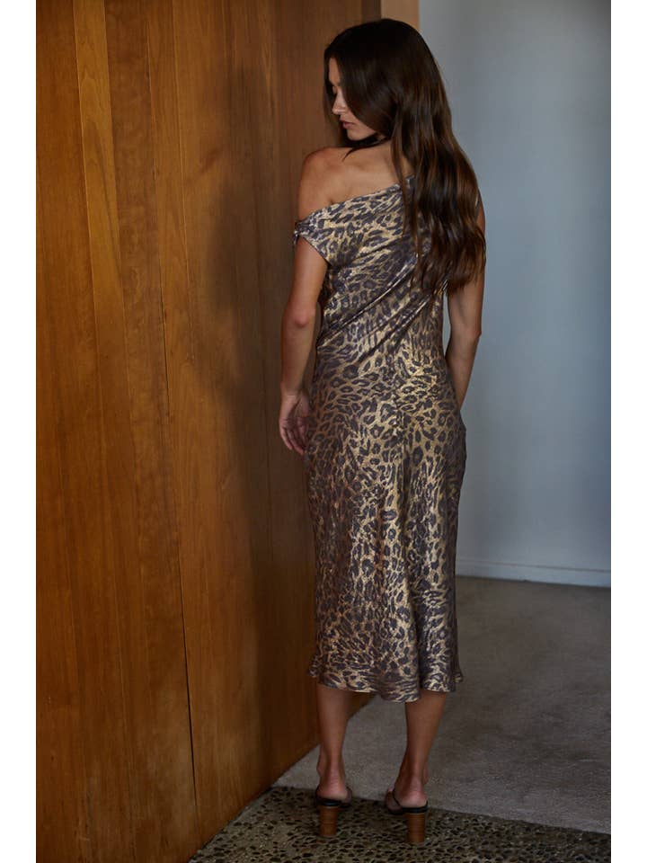 Leopard Print Cowl Neck Off the Shoulder Midi Dress