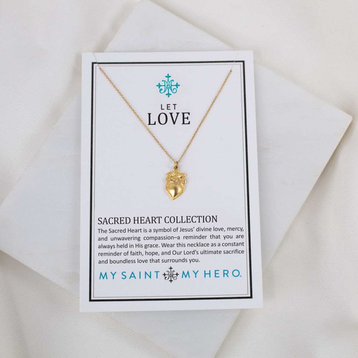 My Saint My Hero Sacred Heart (with Flowers) Necklace 18'+3" Gold - Little Miss Muffin Children & Home