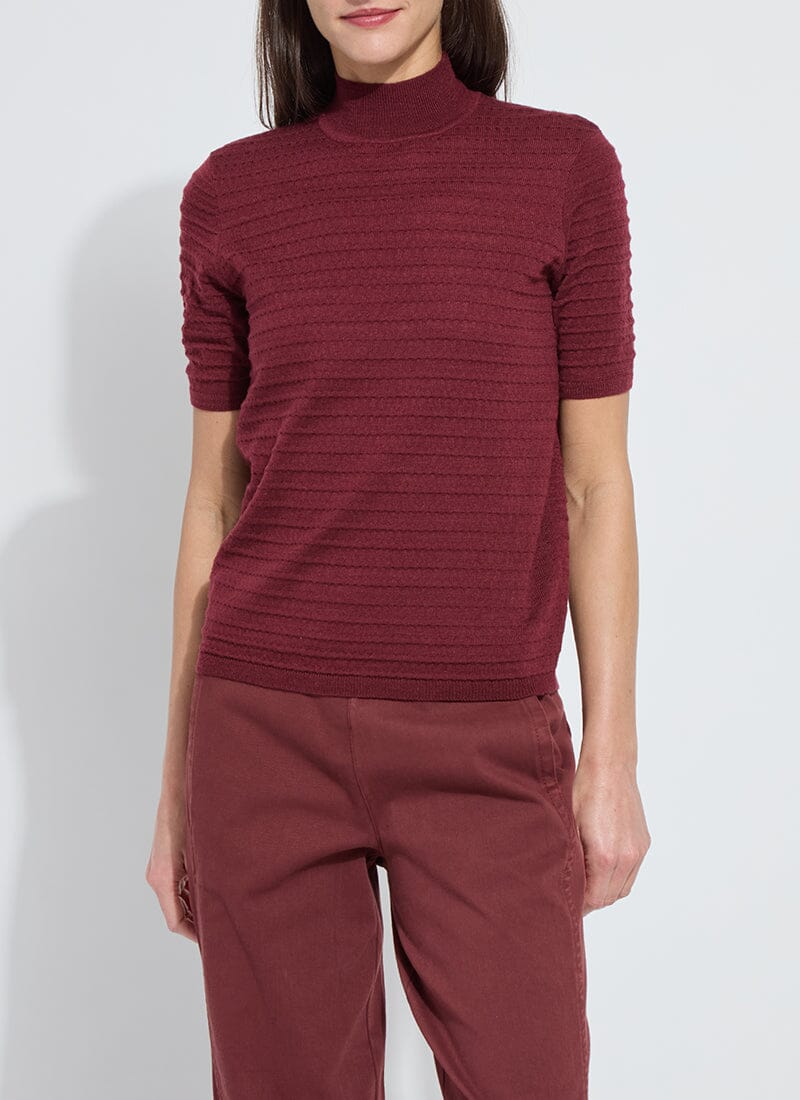 Lottie Smocked Mock Short Sleeve Sweater in Burnt Mahogany by Lysse