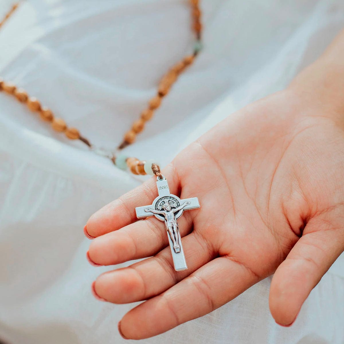 My Saint My Hero Olive Wood Beads and Amazonite Medjugorje Rosary Silver - Little Miss Muffin Children & Home