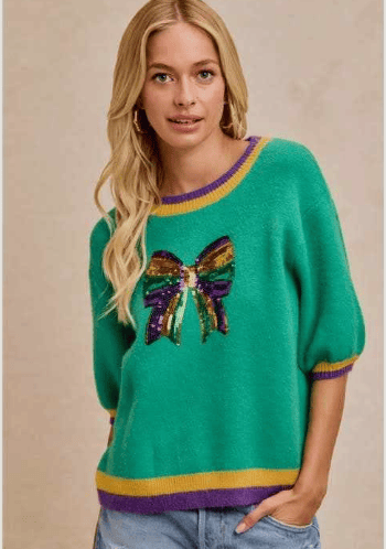 Mardi Gras Sequin Bow Short Sleeve Sweater
