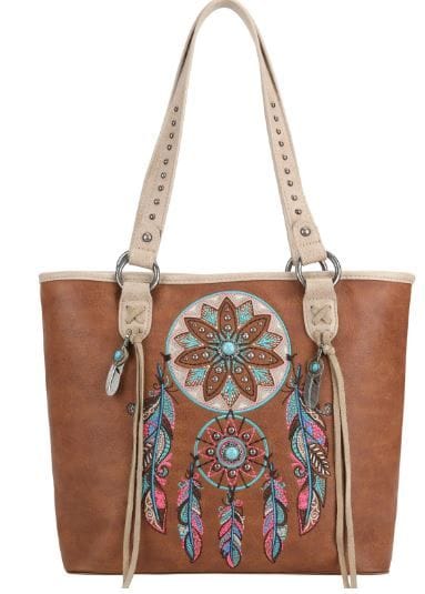 Brown Embroidered Arrow Feather Tote