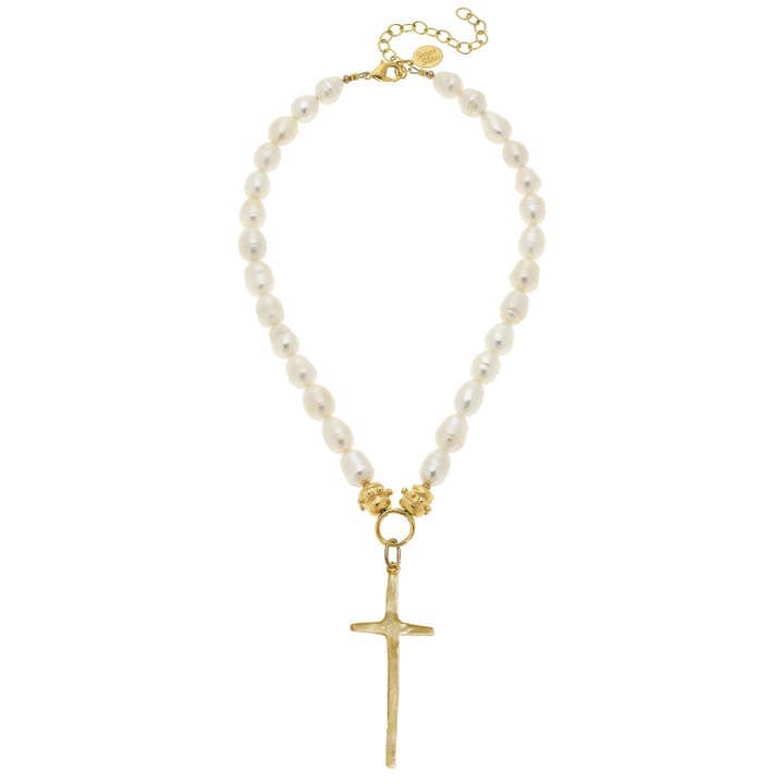 elongated long pearl necklace with cross