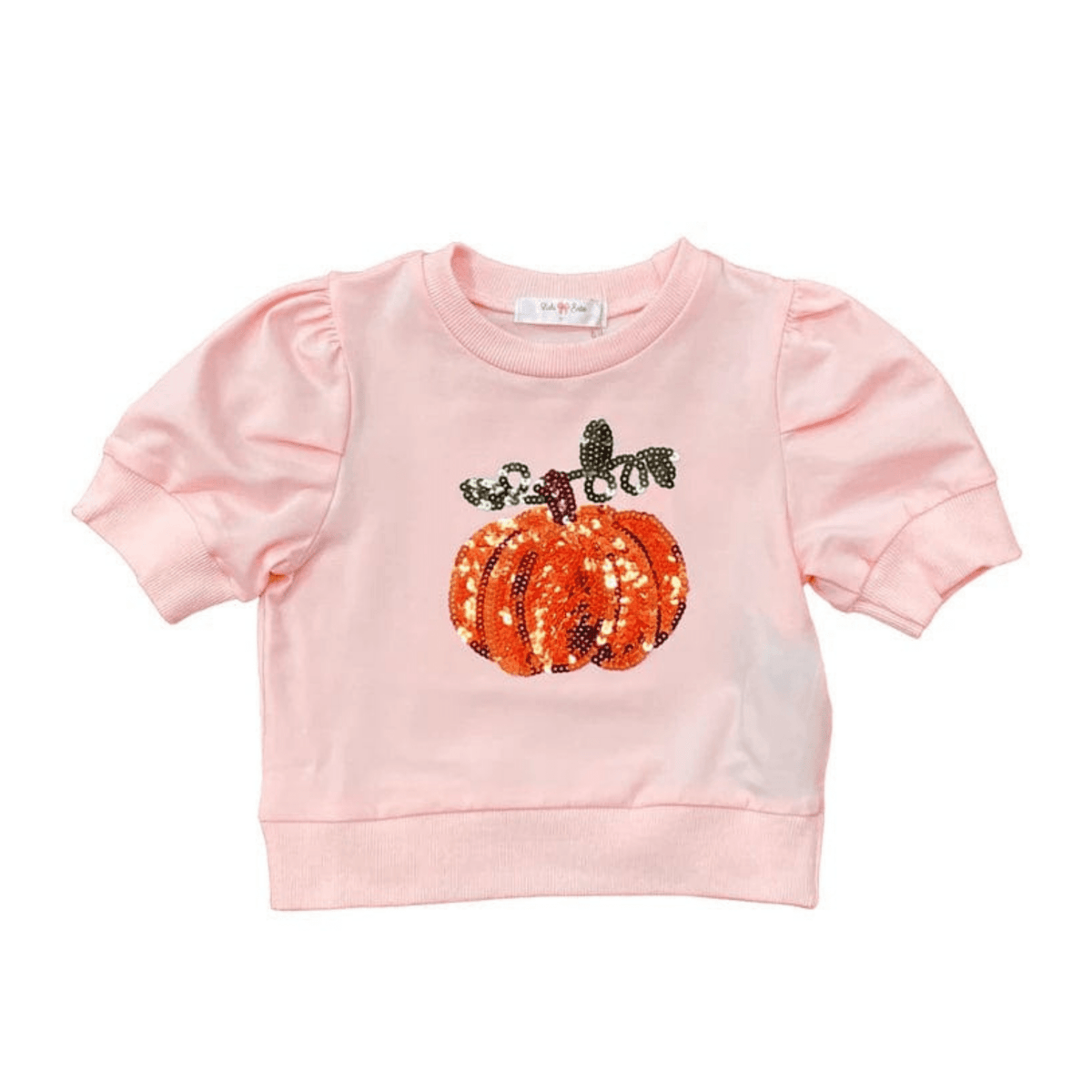 Girls' pink sequin pumpkin puff sleeve shirt by Lulu Bebe