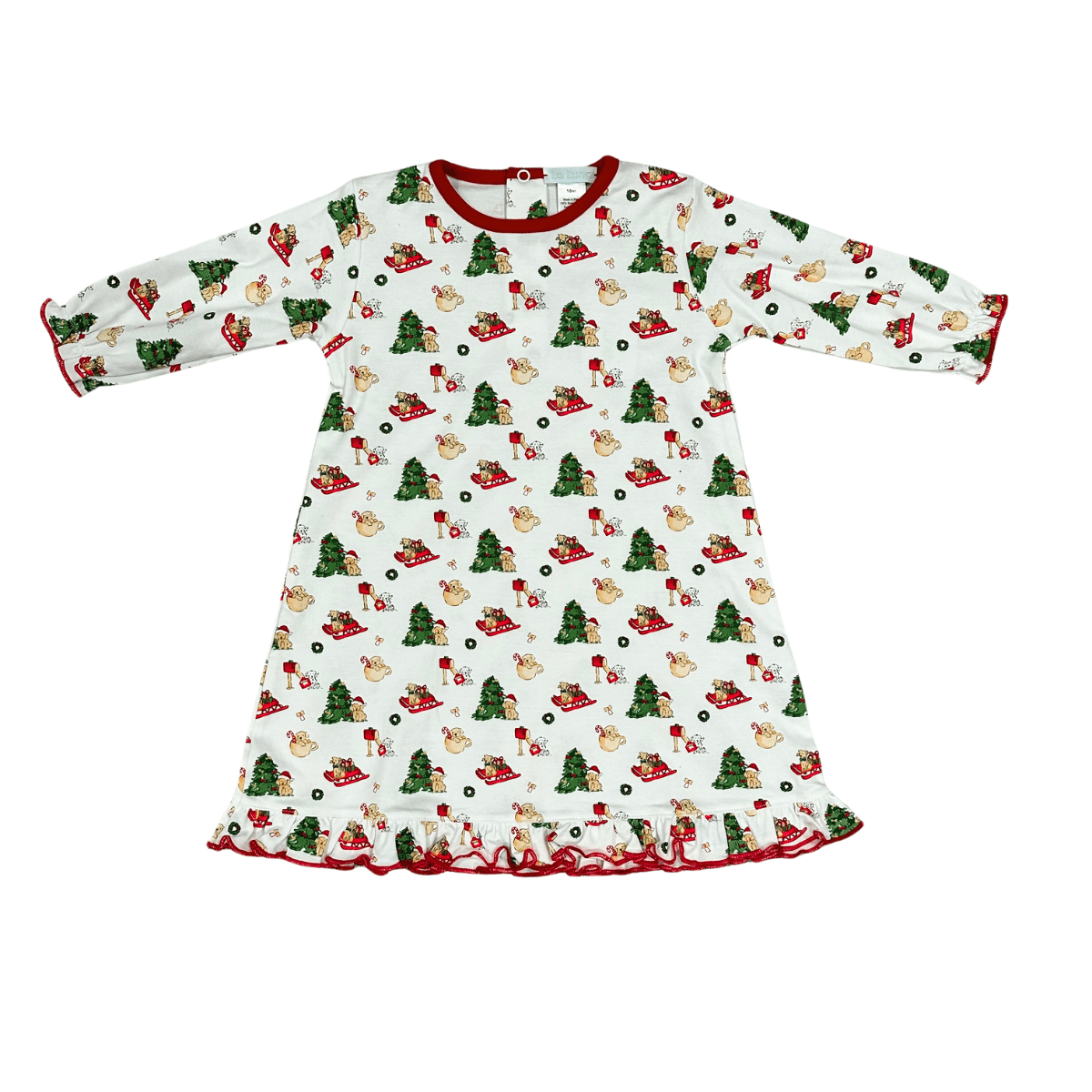 Christmas Puppies Pima Gown with Red Trim Red Trim / 2T