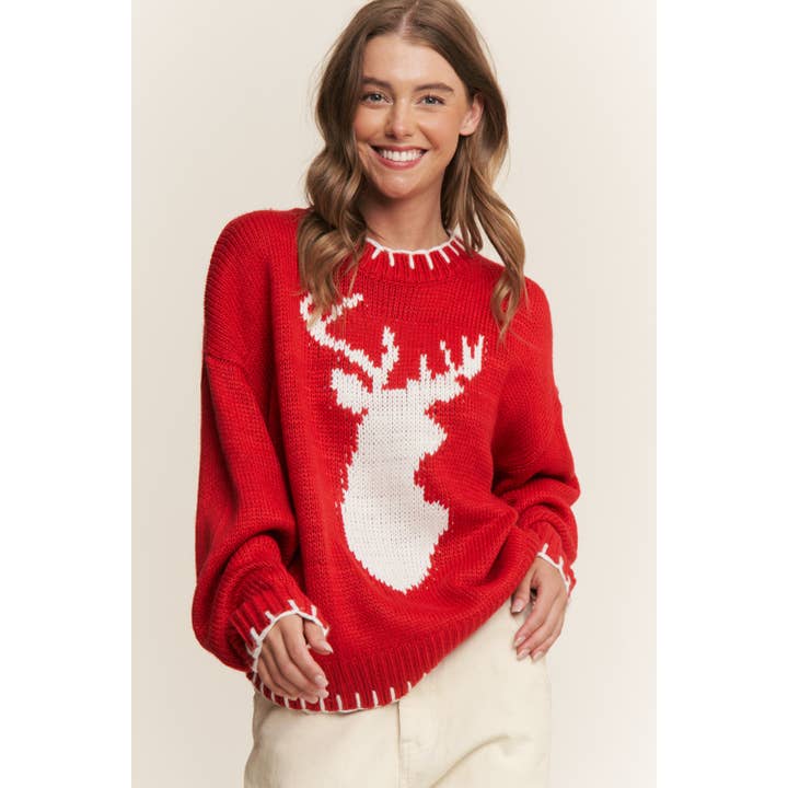 Holiday Deer Jaquard Relaxed Fit Pullover Sweater