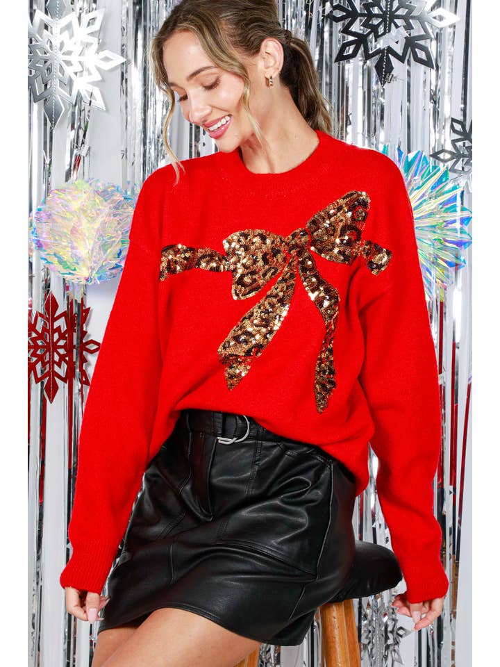 red sequin bow sweater