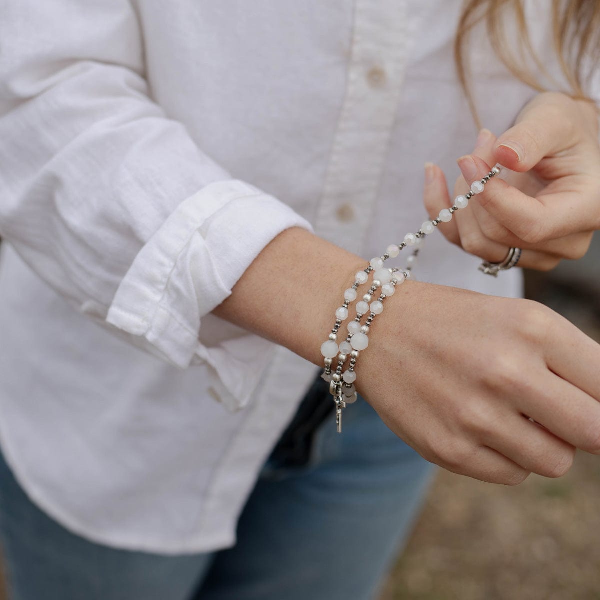 My Saint My Hero Miracles Rosary Wrap Bracelet - Grey/Crystal/Pearl - Little Miss Muffin Children & Home