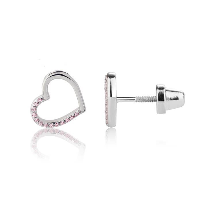 silver heart earring with pink jewels