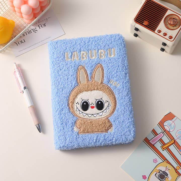 Embroidered Labubu Cartoon Teddy Sky Blue Fleece Plush Notebook