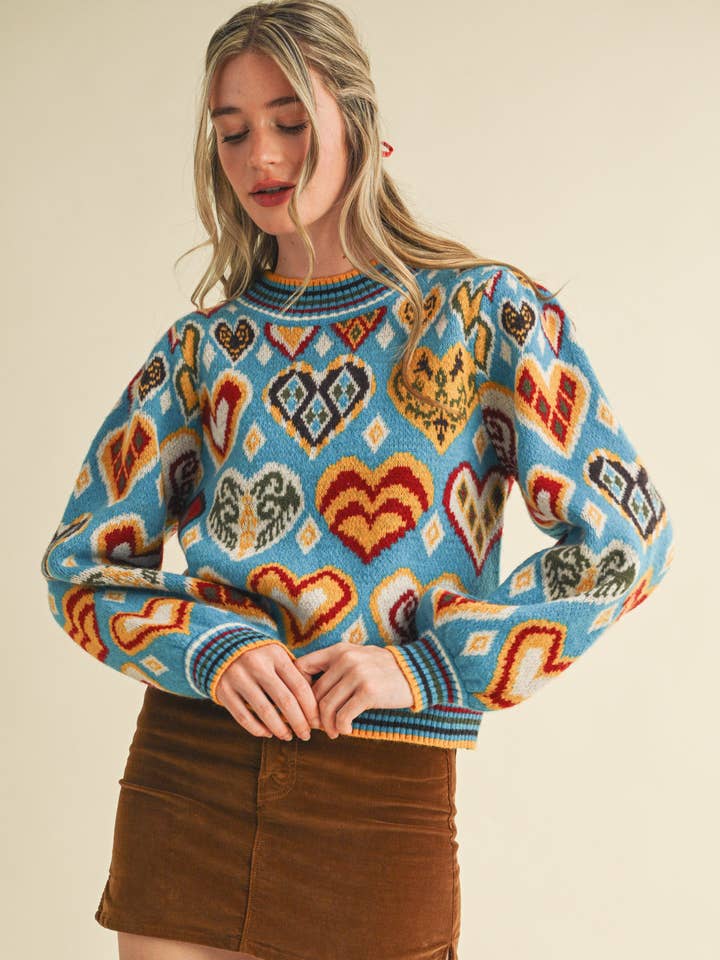 sky blue vintage heart sweater
