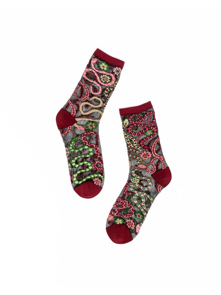 Serpentine Floral Black Sheer Crew Sock