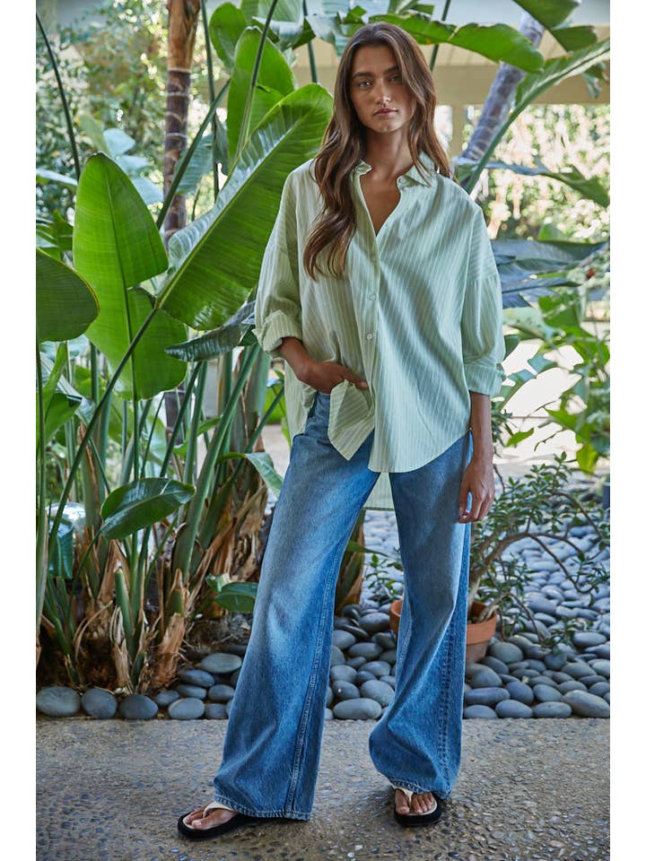 womens long sleeve button down green striped top