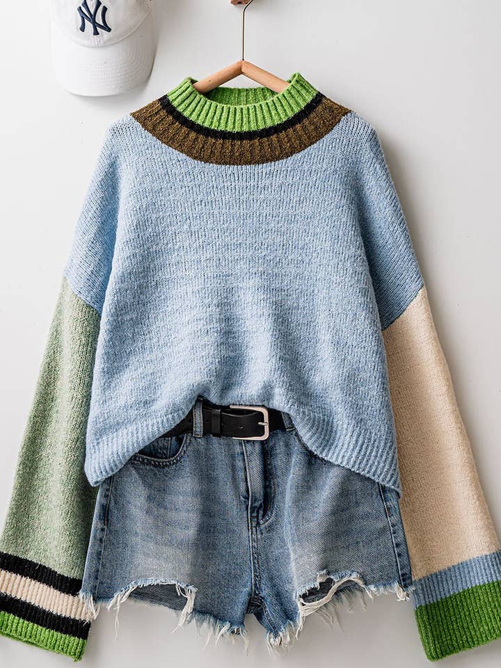 blue green and tan colorblock sweater