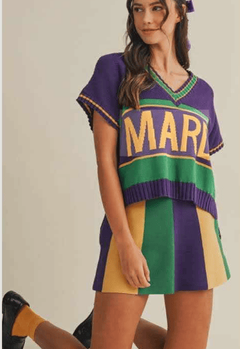 Mardi Gras Varsity Letter Short Sleeve Sweater
