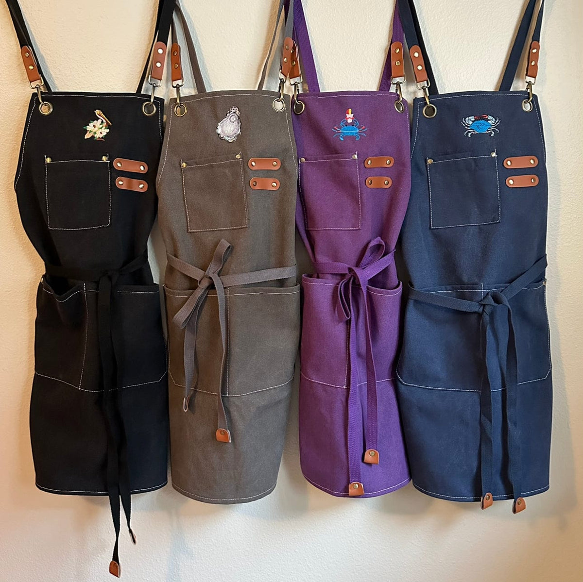 WHEREable Art Crossback Embroidered Canvas Apron seafood