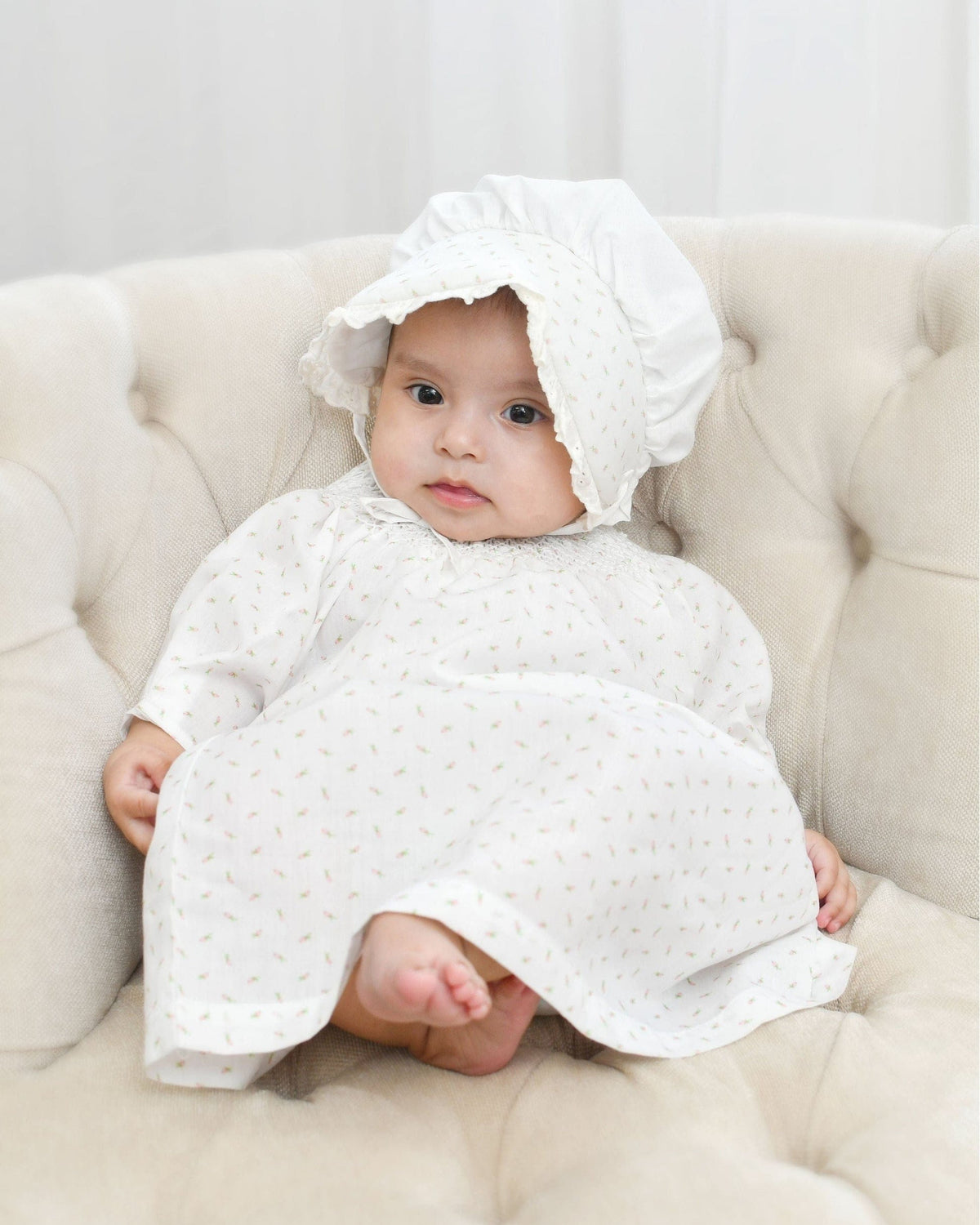 white rosebud gown dress with bonnet