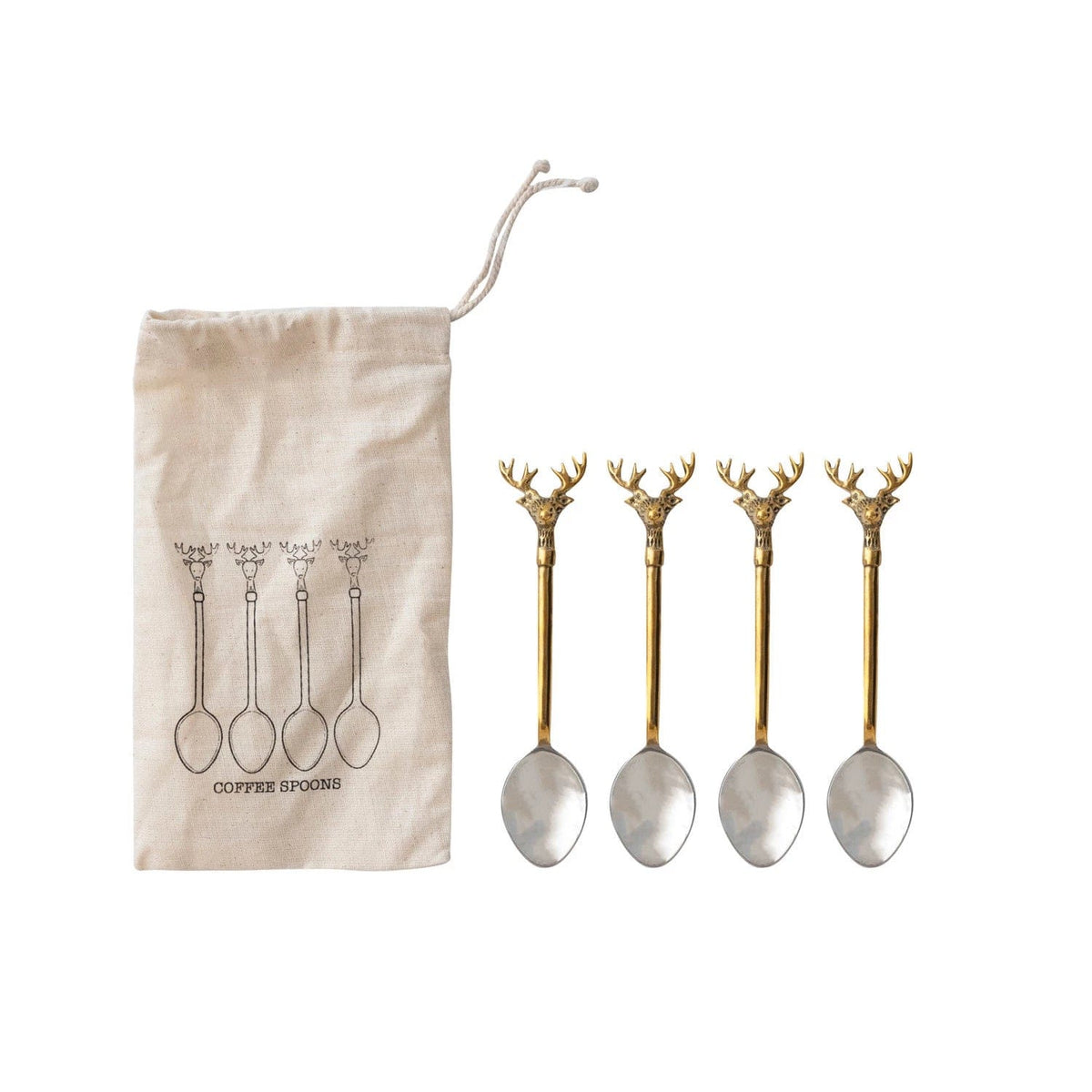 Creative Co-op Creative Co-op Stainless Steel & Brass Spoons with Reindeer Handles in Gold Finish, Set of 4 - Little Miss Muffin Children & Home