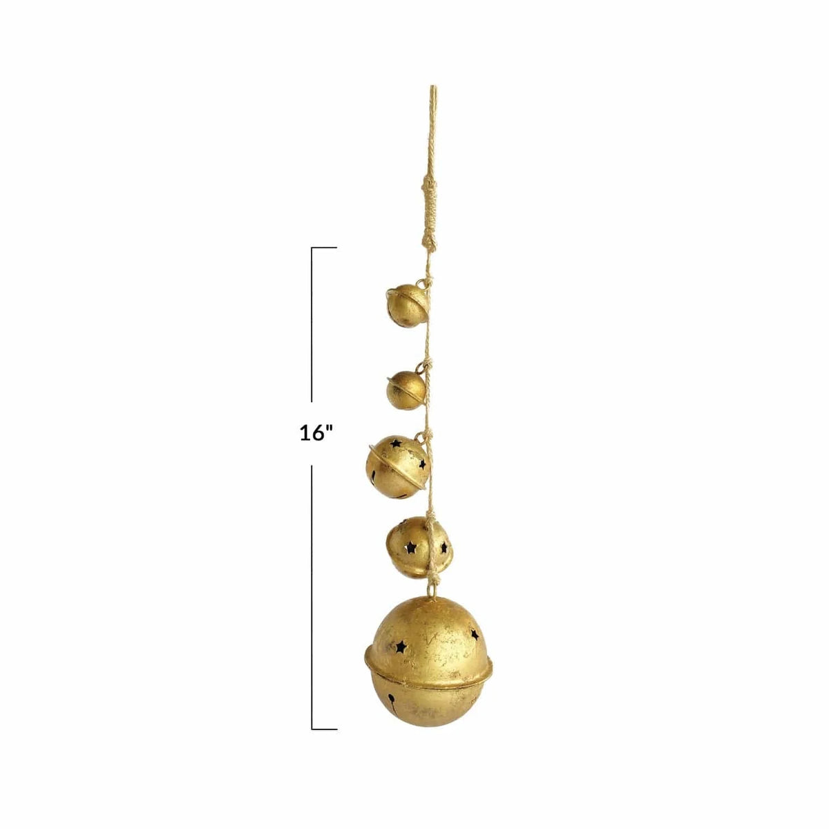 Creative Co-op Hanging Metal Bells with Star Cut-Outs on Braided Jute Rope, Antique Gold Finish - Little Miss Muffin Children & Home
