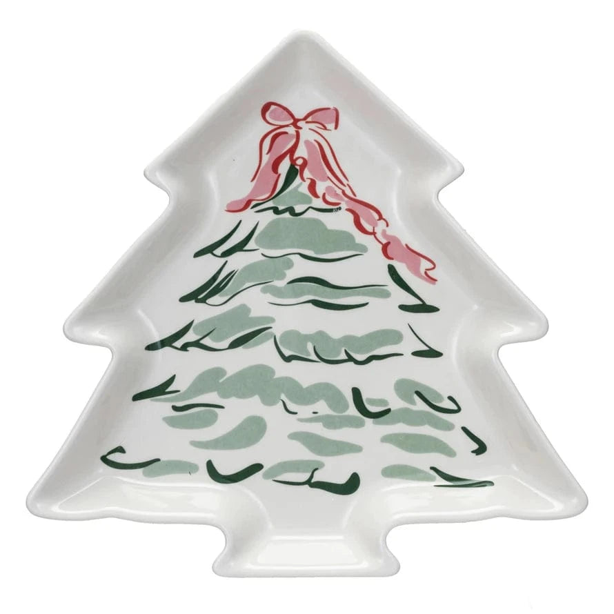 Christmas tree-shaped plate with a pink bow