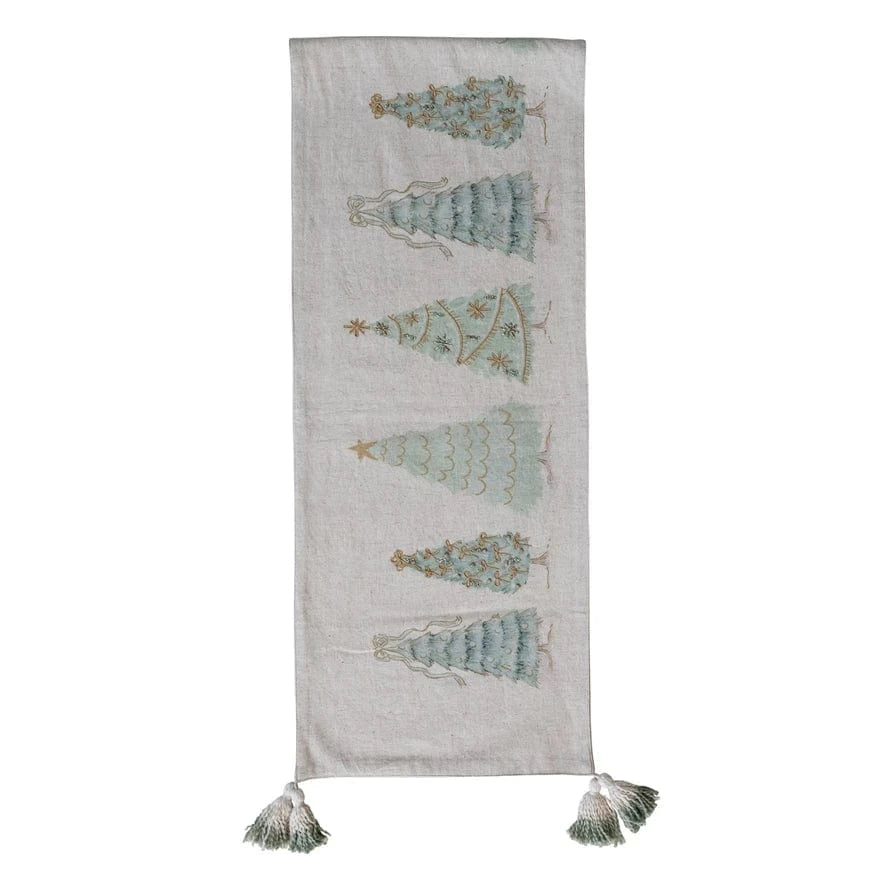 Creative Co-op Holiday Trees Linen Printed Table Runner with Embroidery, Beads, French Knots & Tassels - Little Miss Muffin Children & Home
