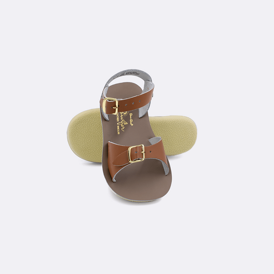 Double strap, rubber sole, leather surfer sandal by Saltwater Sandals in tan for children sizes five through twelve.