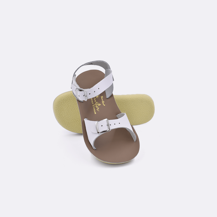 Double strap, rubber sole, leather surfer sandal by Saltwater Sandals in white for children sizes five through twelve.
