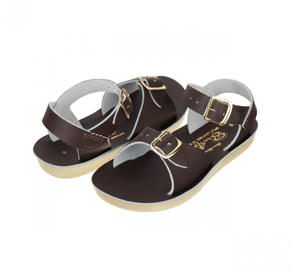 Double strap, rubber sole, leather surfer sandal by Saltwater Sandals in brown for children sizes five through twelve.